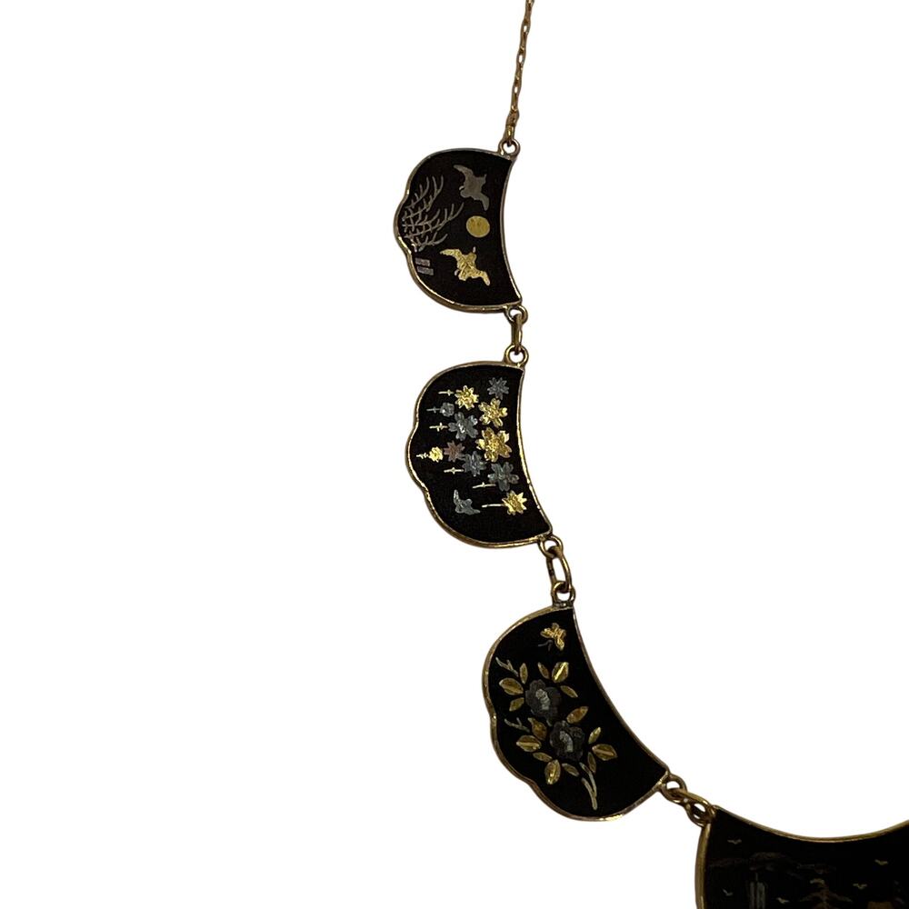 Vintage Japanese Damascene Landscape Fan Bib Statement Necklace Made In Japan - Picture 5 of 14